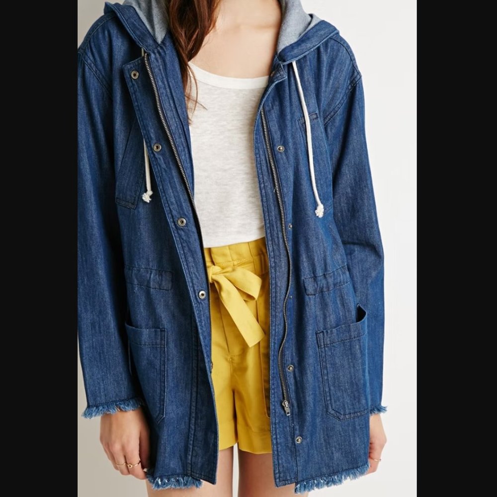FOREVER 21 Women’s Size XS Dark/Medium Wash Chambray Denim Hooded Anorak Jacket